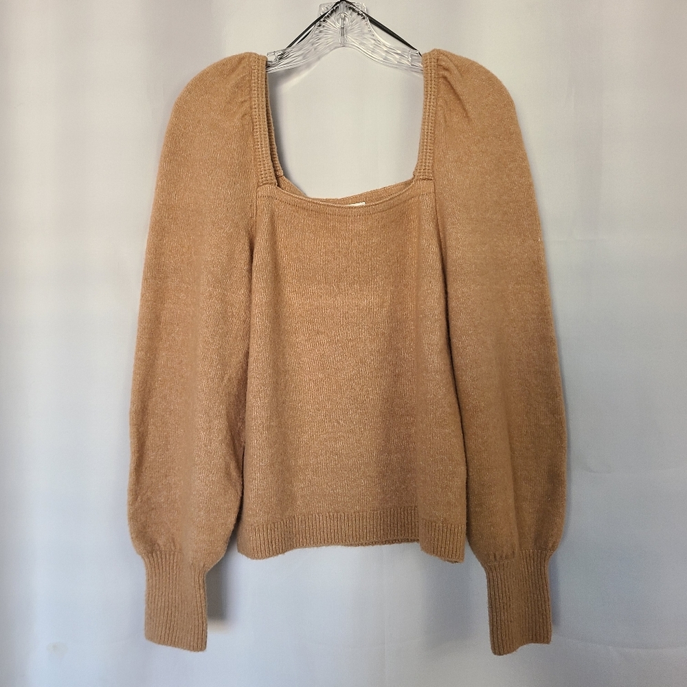 H&M Sz M Beige Tan Neutral Minimalist Square Neck Balloon Puff  Sleeve Sweater